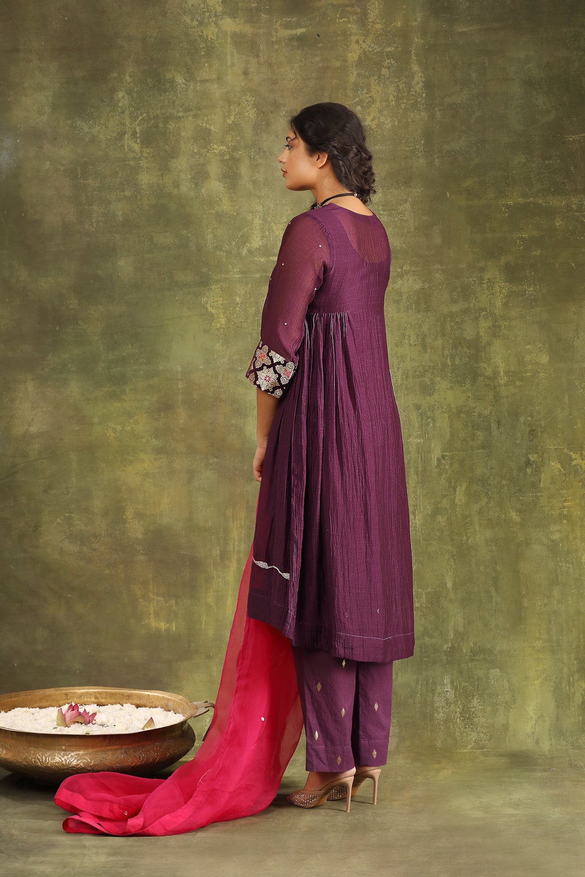 Purple Abstract Hand Embroidered Silk Chanderi Suit Set