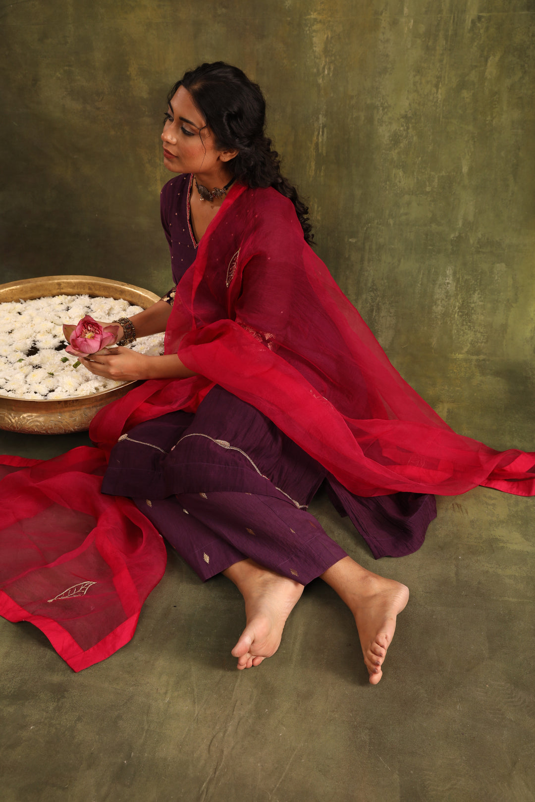 Magenta Pink Green Hand Embroidered Silk Chanderi Suit Set