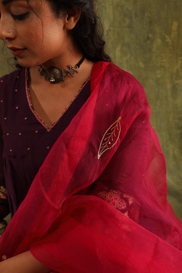 Magenta Pink Green Hand Embroidered Silk Chanderi Suit Set