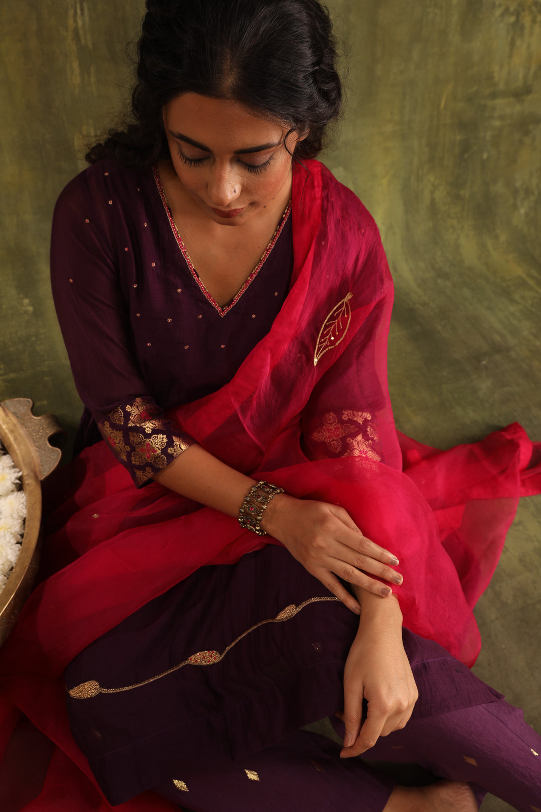 Magenta Pink Green Hand Embroidered Silk Chanderi Suit Set