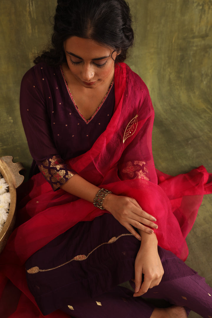 Magenta Pink Green Hand Embroidered Silk Chanderi Suit Set