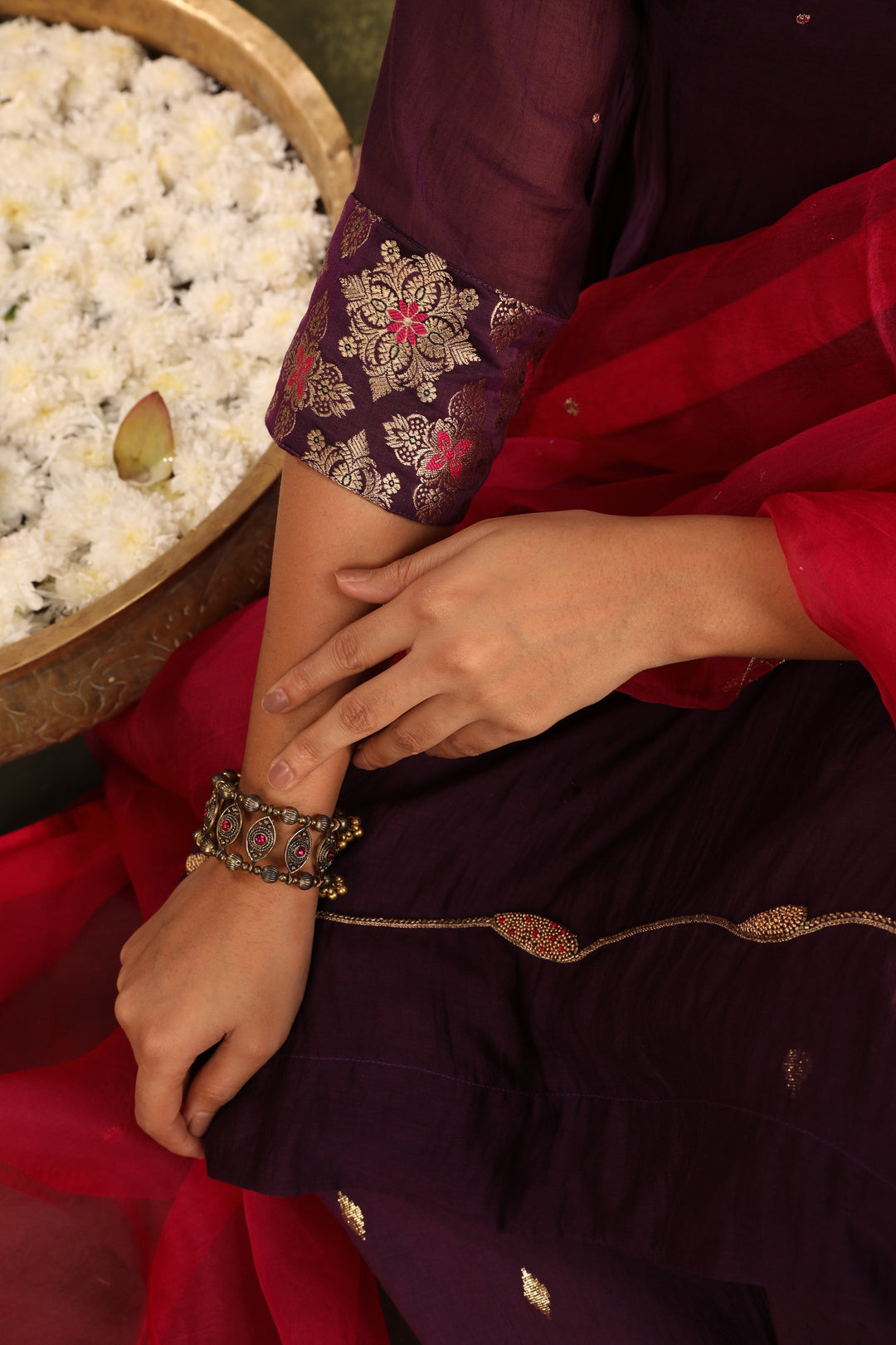 Magenta Pink Green Hand Embroidered Silk Chanderi Suit Set