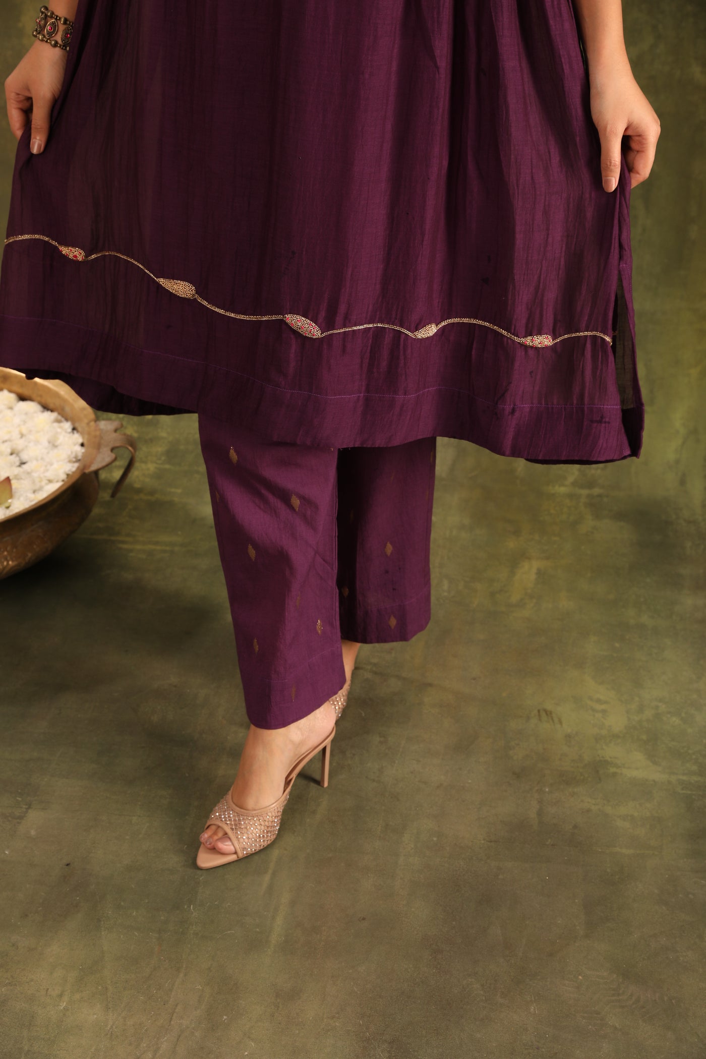 Purple Abstract Hand Embroidered Silk Chanderi Suit Set