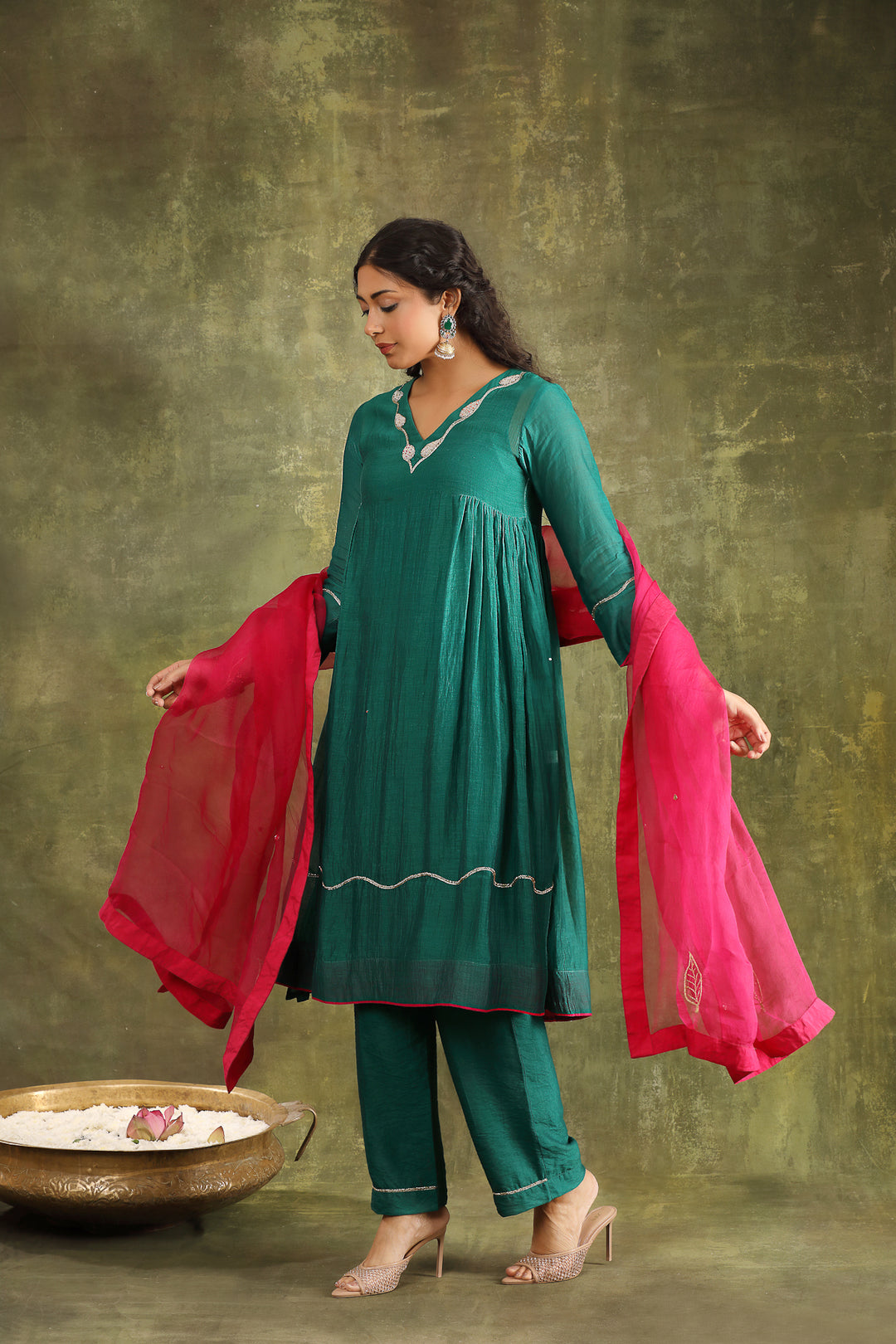 Green Abstract Hand Embroidered Silk Chanderi Suit Set