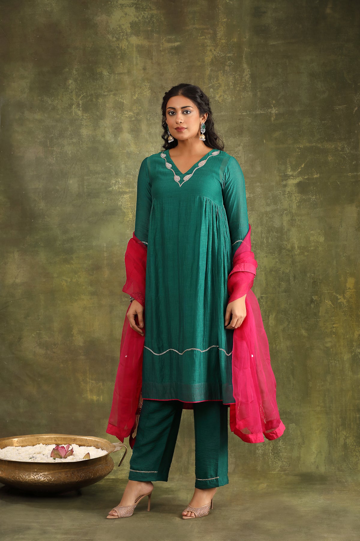 Emerald Green Hand Embroidered Silk Chanderi Suit Set