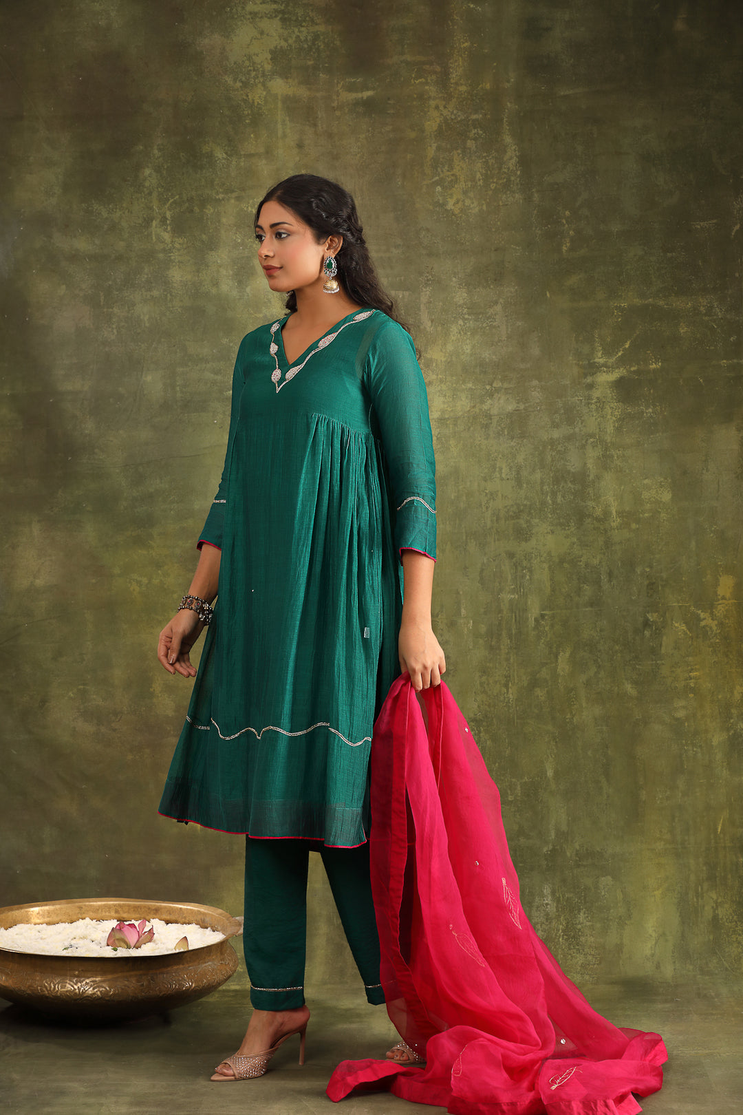 Green Abstract Hand Embroidered Silk Chanderi Suit Set
