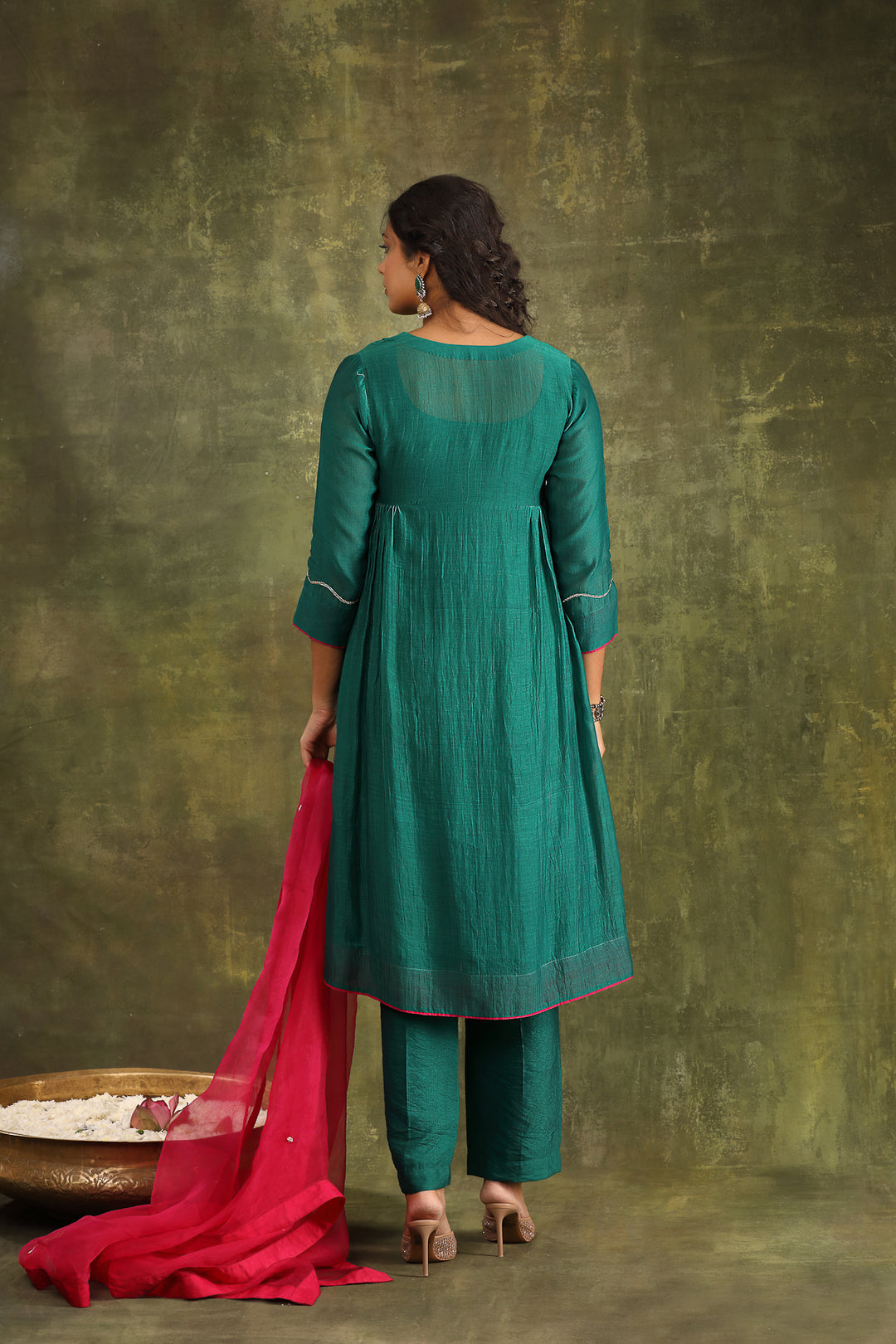 Green Abstract Hand Embroidered Silk Chanderi Suit Set