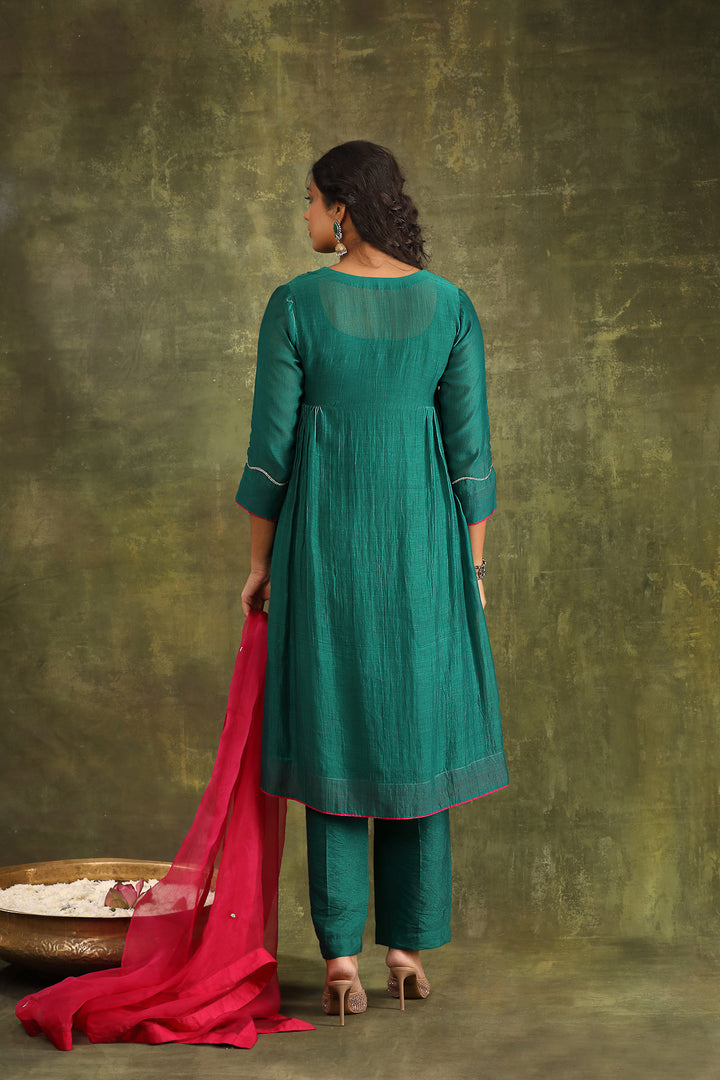 Green Abstract Hand Embroidered Silk Chanderi Suit Set