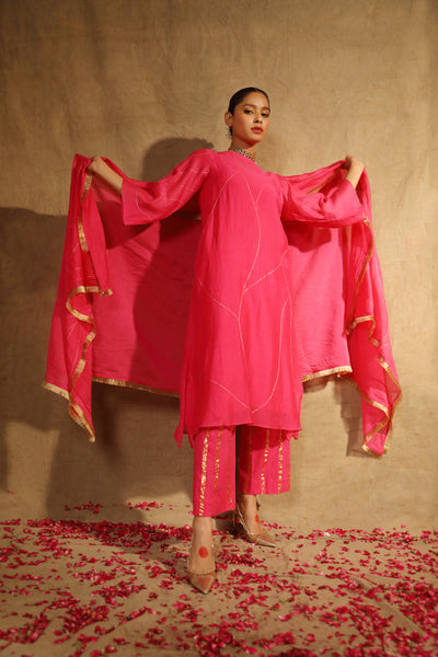 Neon Pink Hand Embroidered Chanderi Suit Set - Set of 3