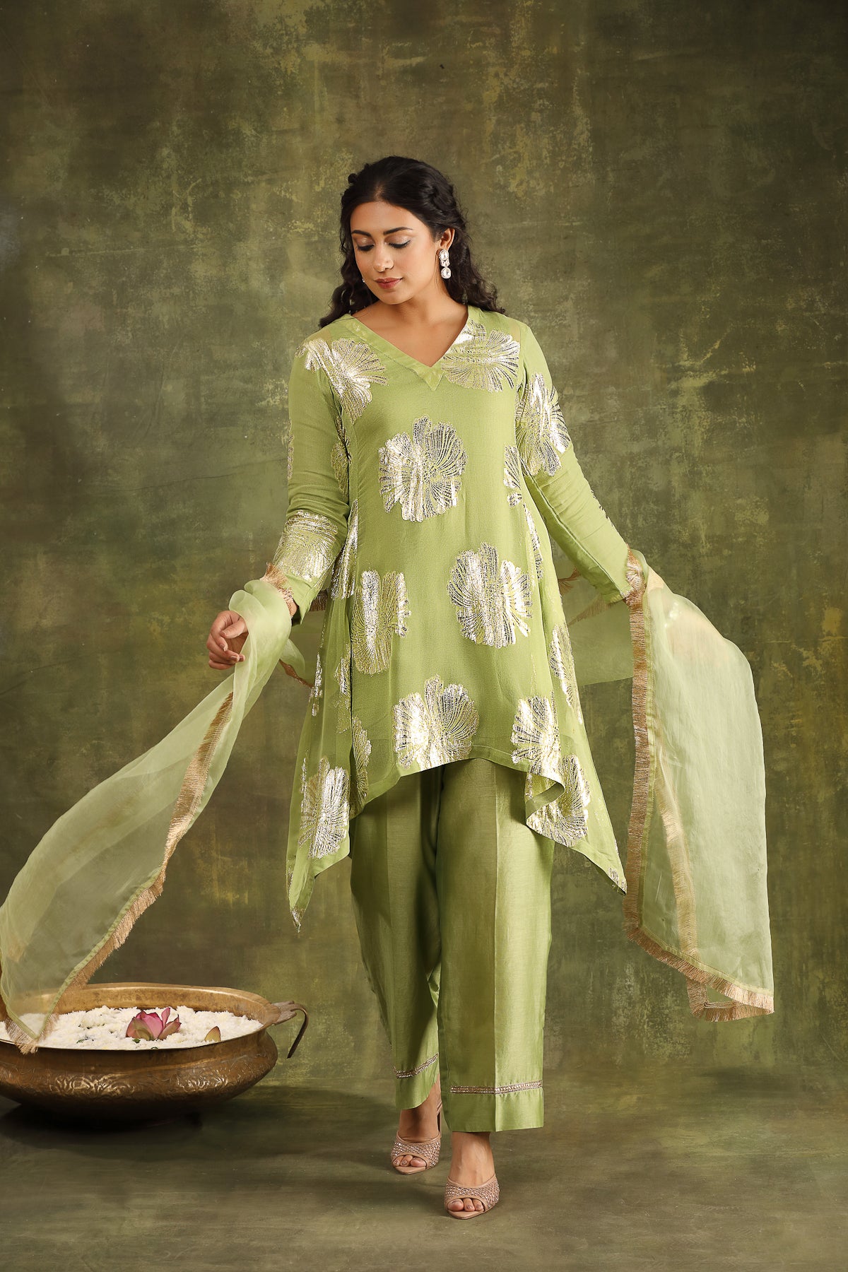 Mint Green Hand Embroidered Jacquard Kurta with Silk Chanderi Pants