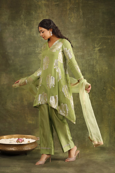 Mint Green Hand Embroidered Jacquard Kurta with Silk Chanderi Pants