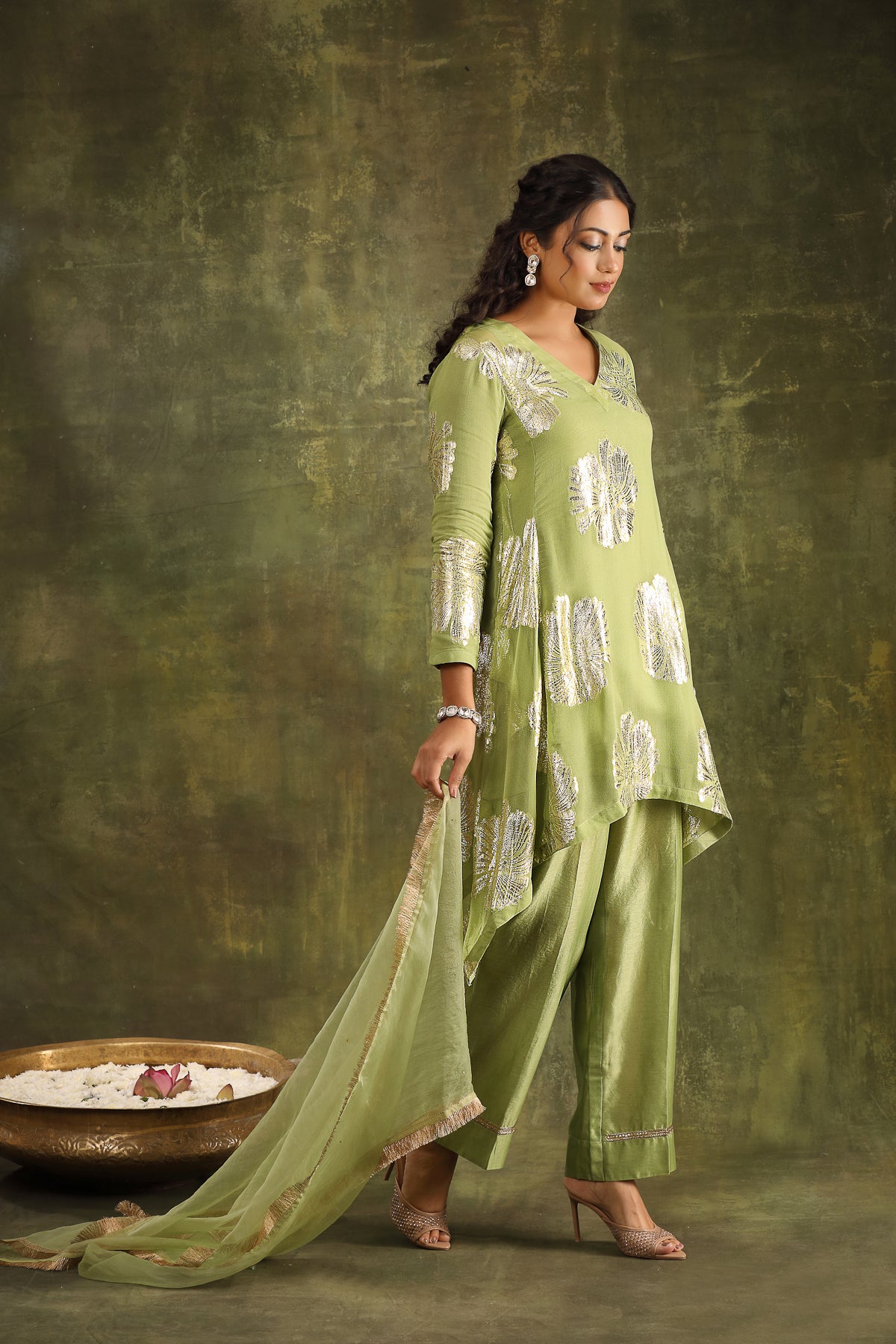 Mint Green Hand Embroidered Jacquard Kurta with Silk Chanderi Pants