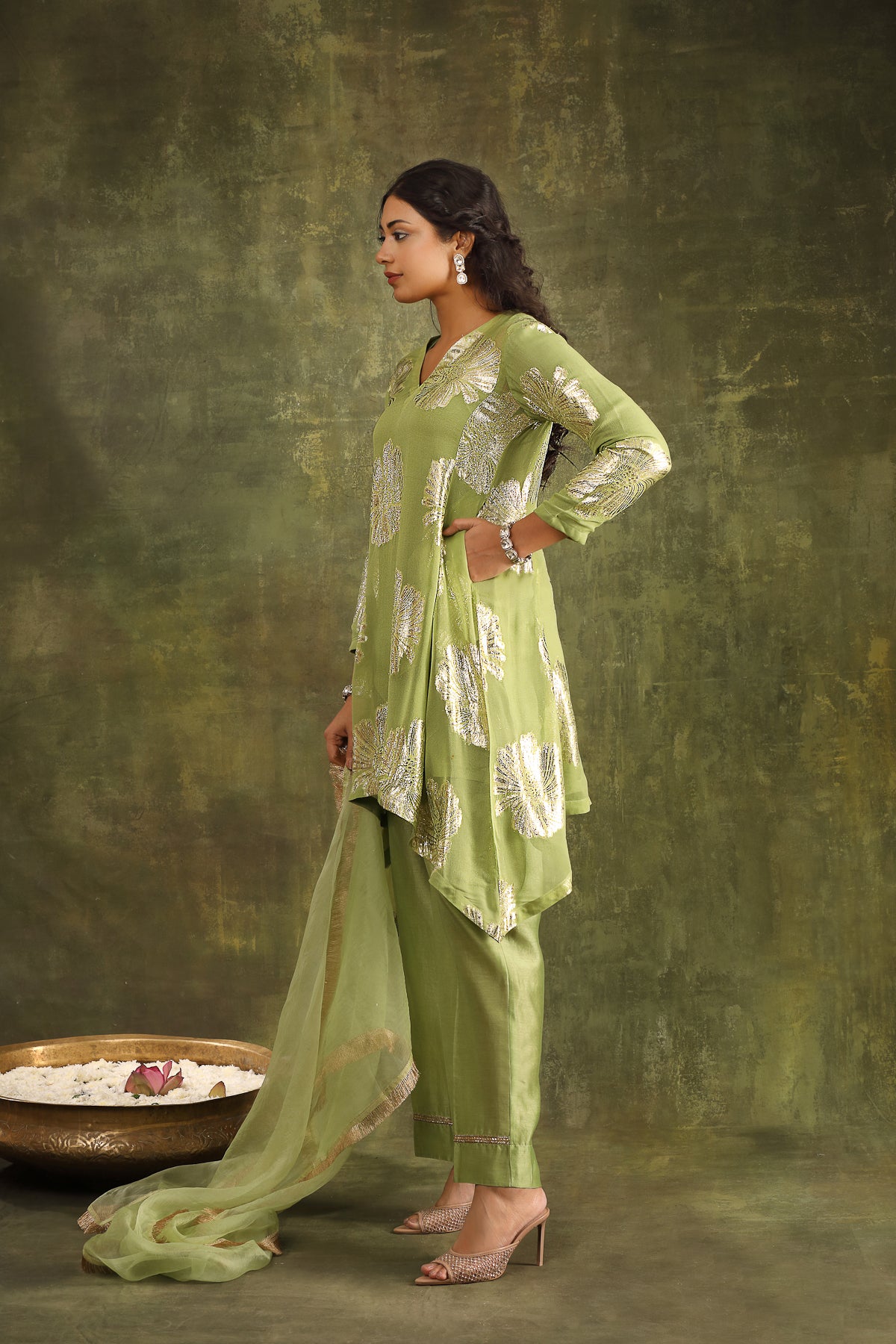 Mint Green Hand Embroidered Jacquard Kurta with Silk Chanderi Pants