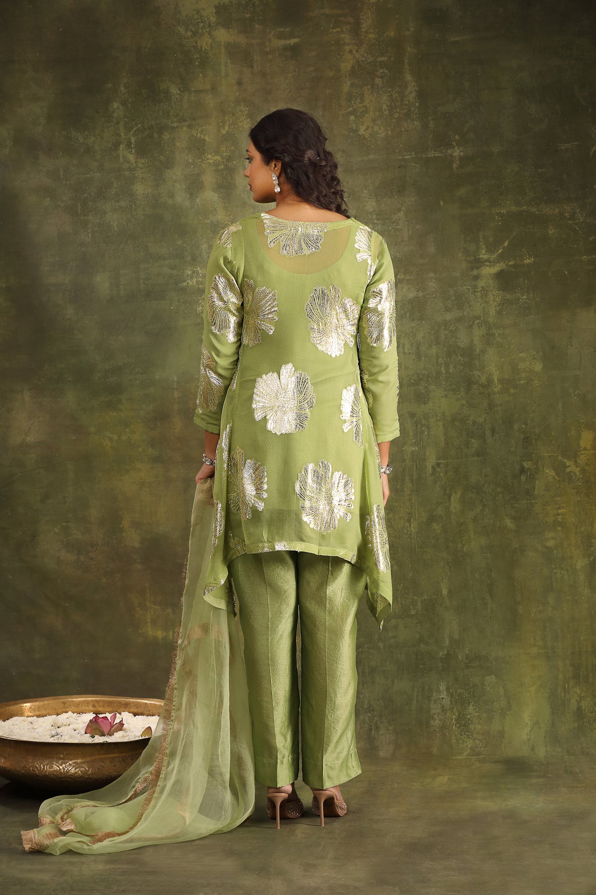 Mint Green Hand Embroidered Jacquard Kurta with Silk Chanderi Pants