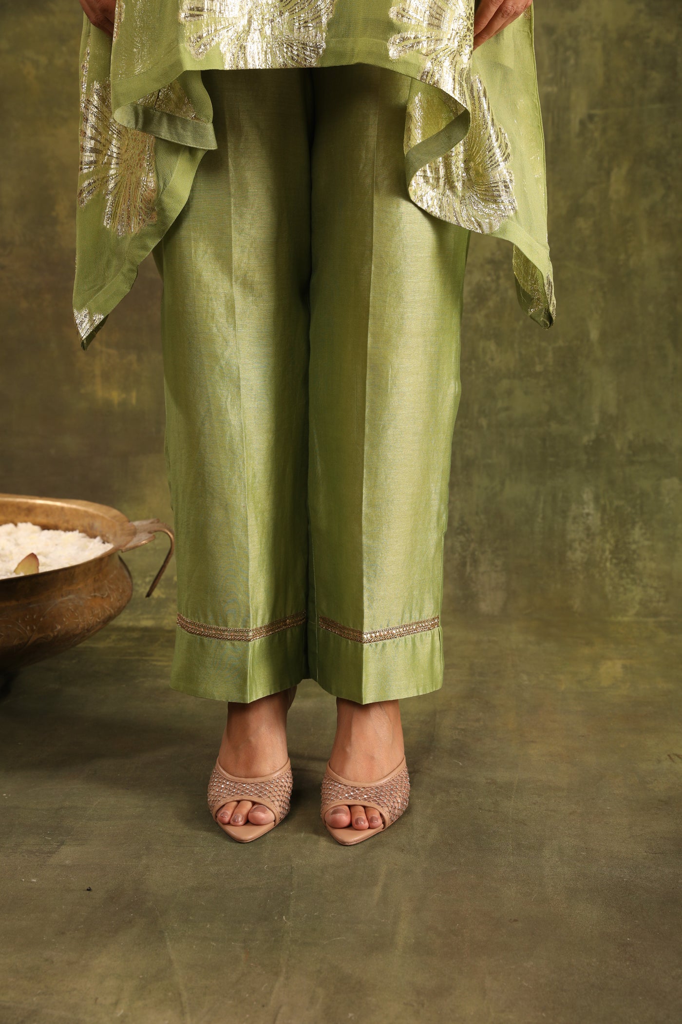 Mint Green Hand Embroidered Jacquard Kurta with Silk Chanderi Pants