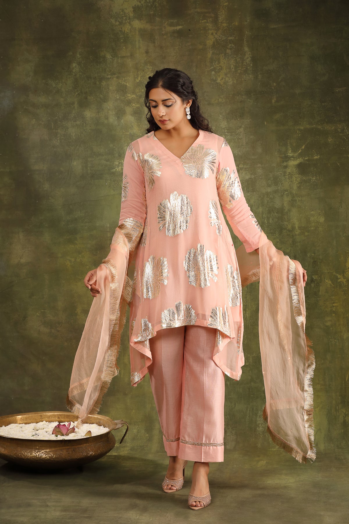 Peach Hand Embroidered Jacquard Kurta with Silk Chanderi Pants