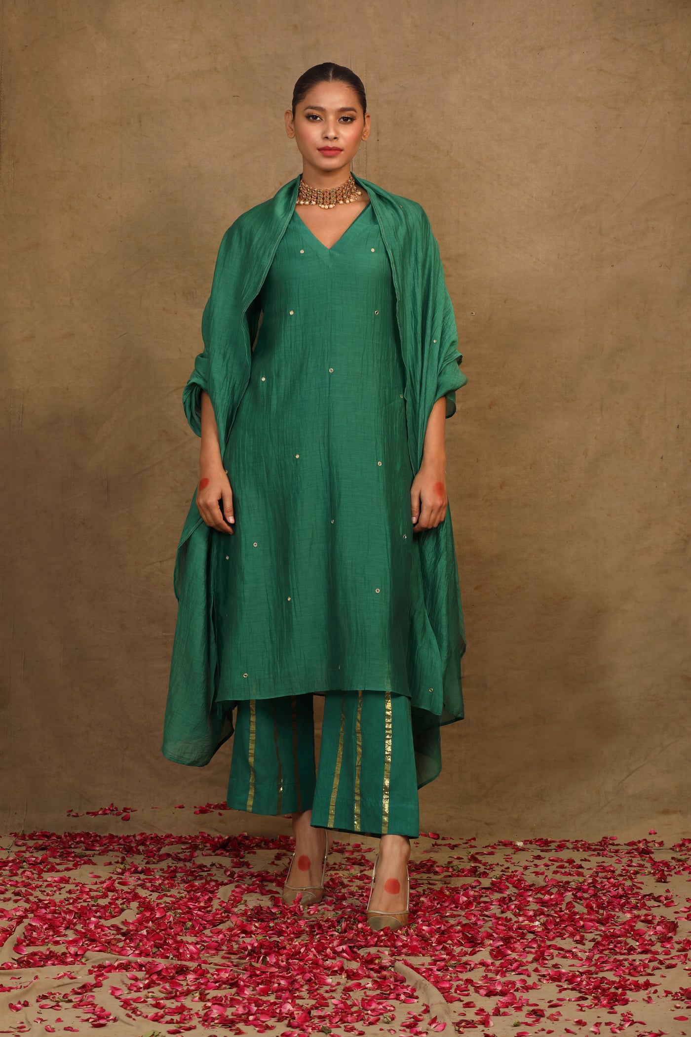 Emerald Green Mirror Work Chanderi Suit Set