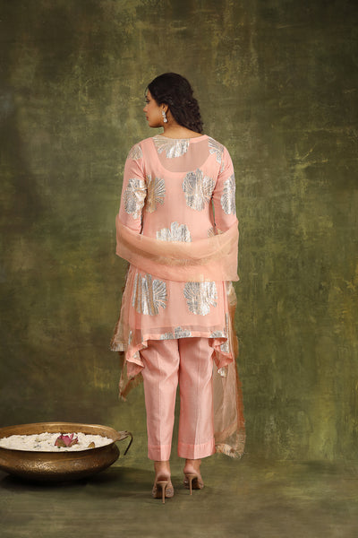 Peach Hand Embroidered Jacquard Kurta with Silk Chanderi Pants