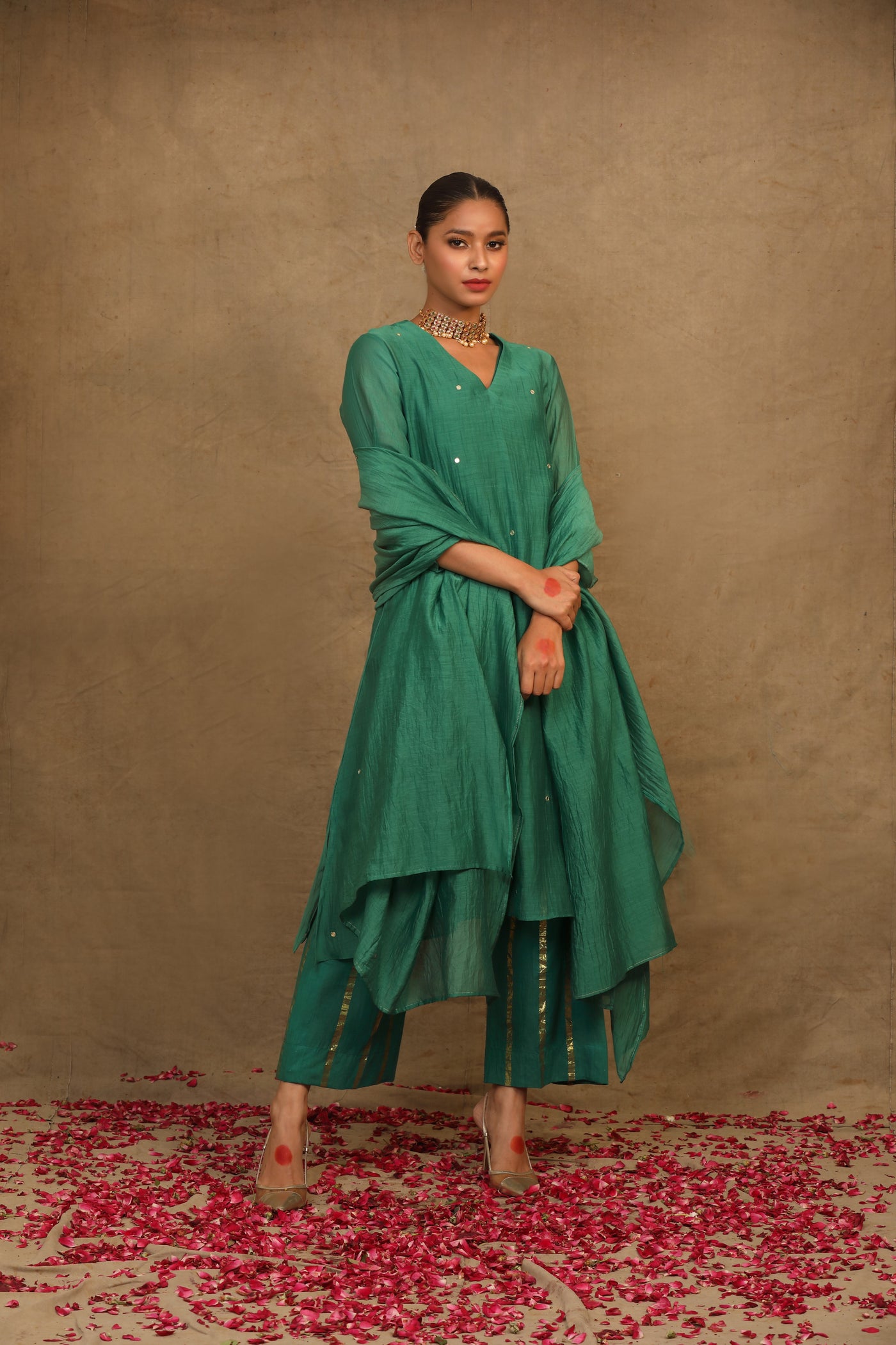 Emerald Green Mirror Work Chanderi Suit Set