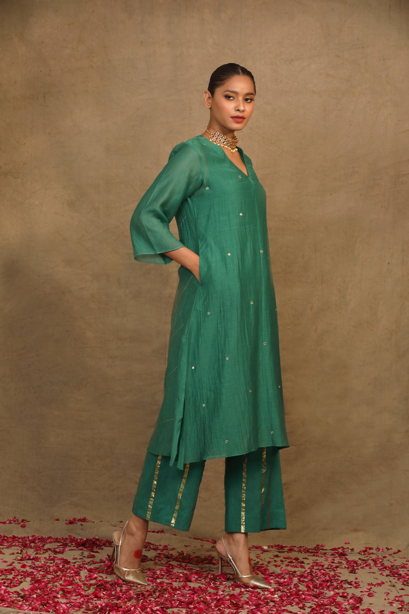 Emerald Green Mirror Work Chanderi Suit Set