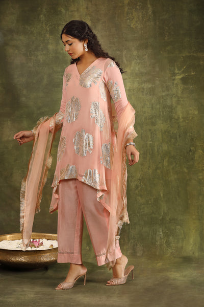 Peach Hand Embroidered Jacquard Kurta with Silk Chanderi Pants