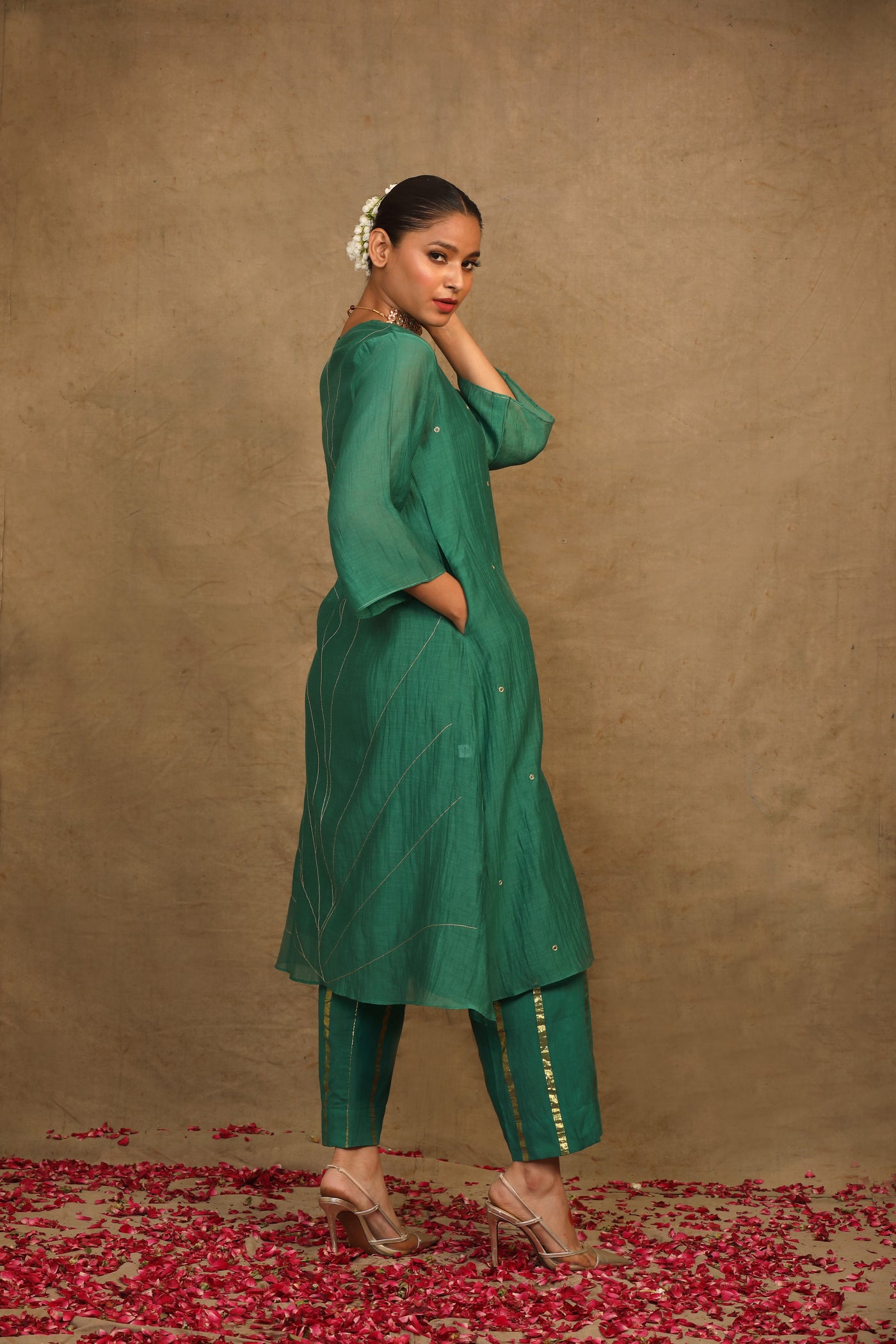 Emerald Green Mirror Work Chanderi Suit Set