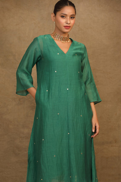 Emerald Green Mirror Work Chanderi Suit Set