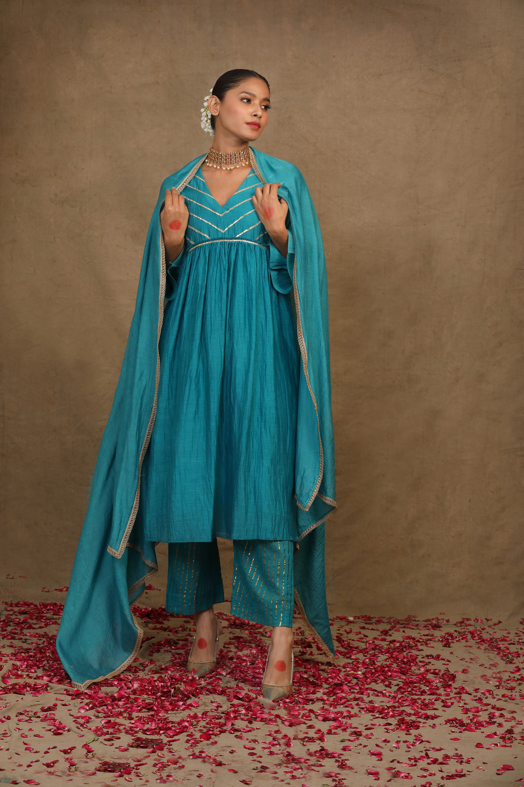 Turquoise Gota work Chanderi Suit Set - Set of 3