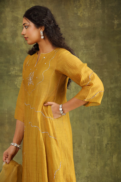 Mustard Pitta Hand Embroidered Silk Chanderi Suit Set