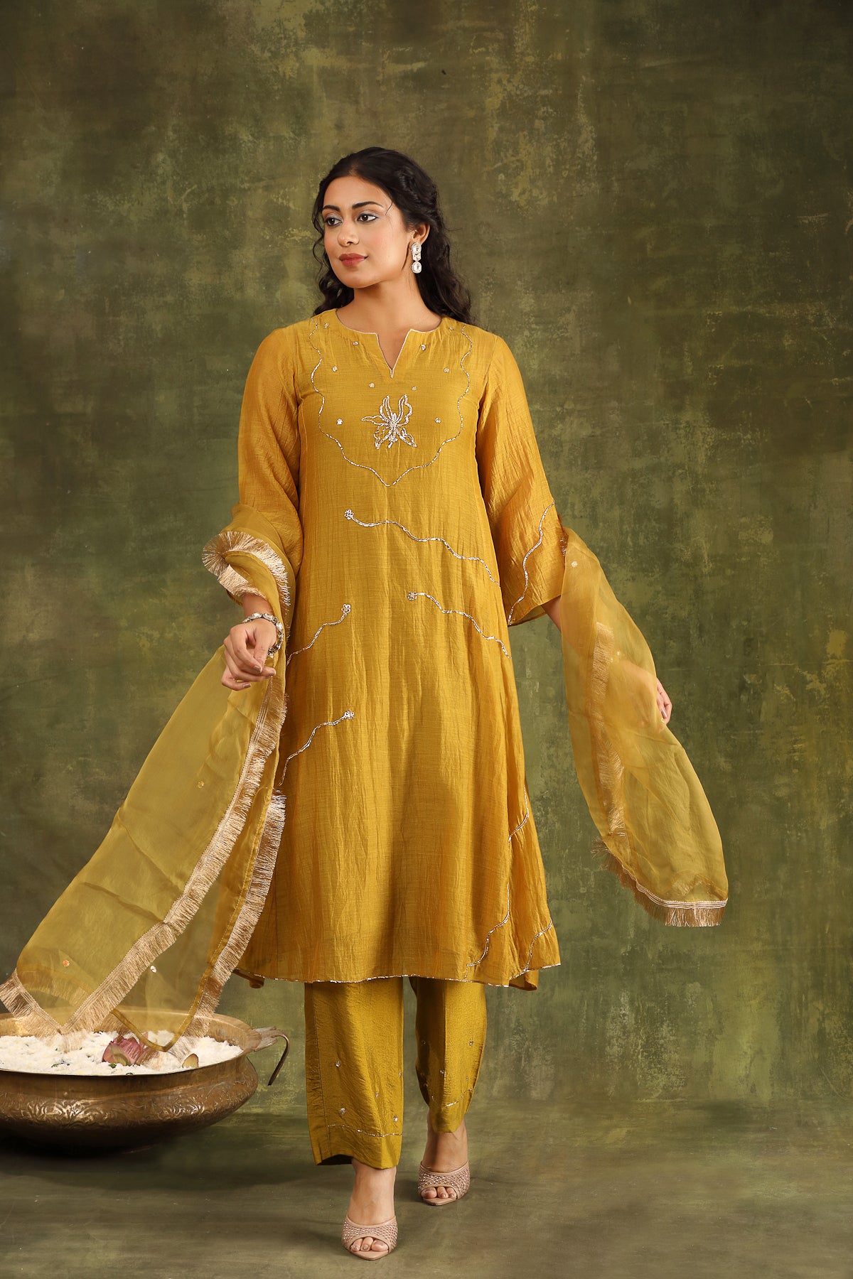 Mustard Pitta Hand Embroidered Silk Chanderi Suit Set