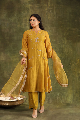 Olive Green Pitta Hand Embroidered Silk Chanderi Suit Set