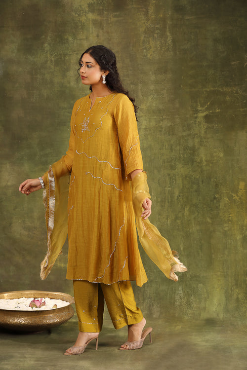 Olive Green Pitta Hand Embroidered Silk Chanderi Suit Set
