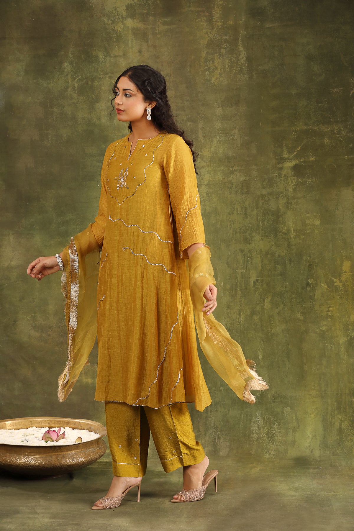 Mustard Pitta Hand Embroidered Silk Chanderi Suit Set