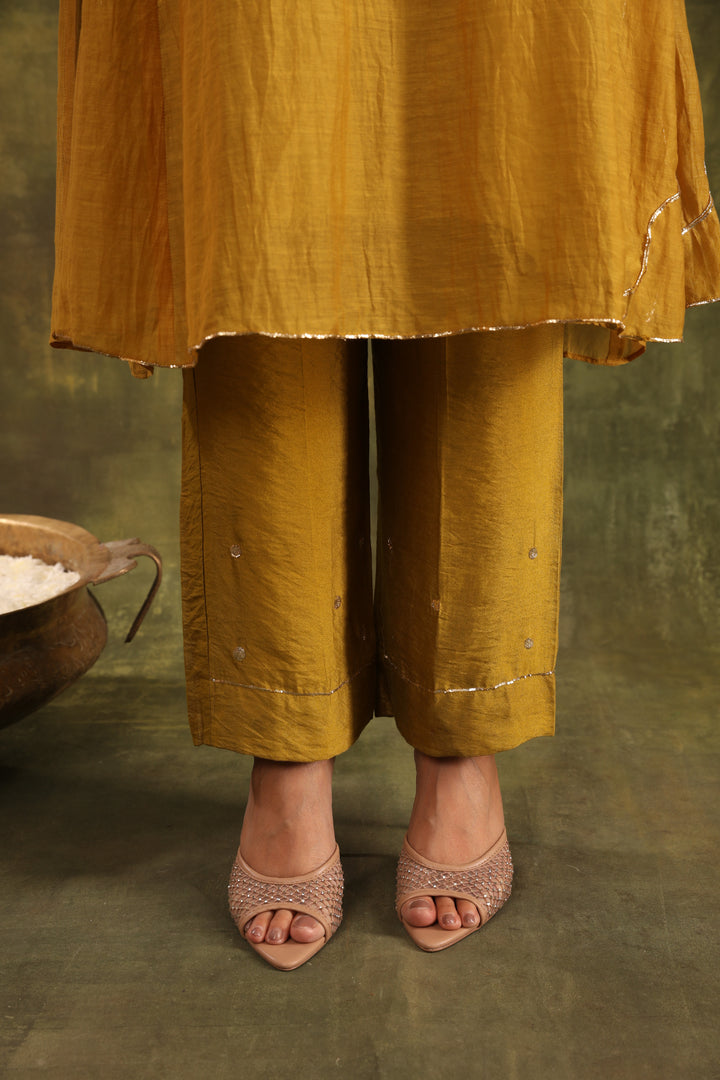 Olive Green Pitta Hand Embroidered Silk Chanderi Suit Set