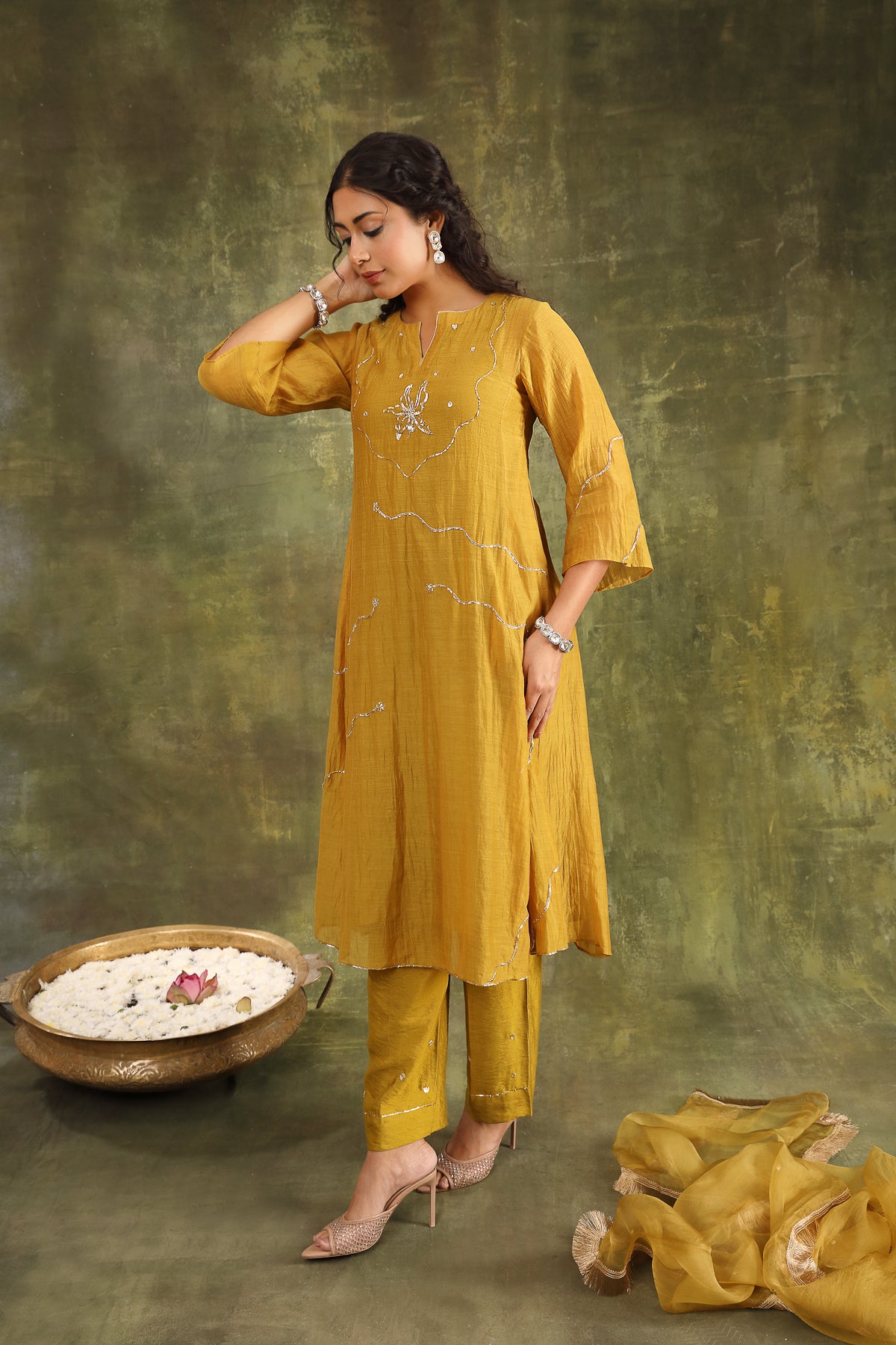 Mustard Pitta Hand Embroidered Silk Chanderi Suit Set