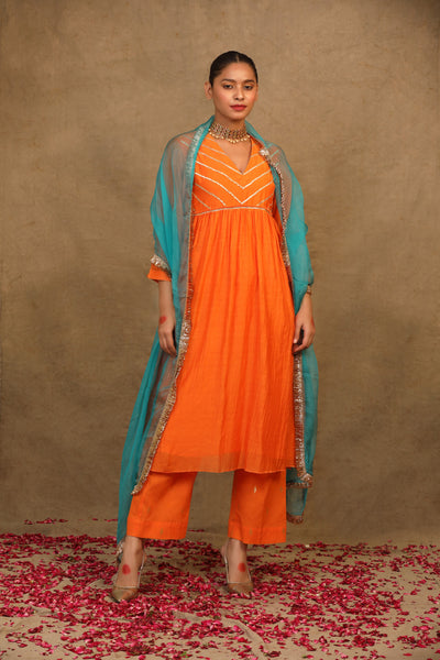 Orange Gota Work Chanderi Suit with Blue Organza Dupatta - Set of 3