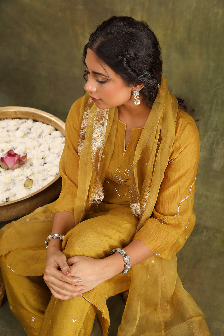 Olive Green Pitta Hand Embroidered Silk Chanderi Suit Set