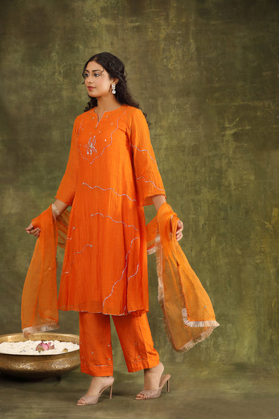 Orange Pitta Hand Embroidered Silk Chanderi Suit Set