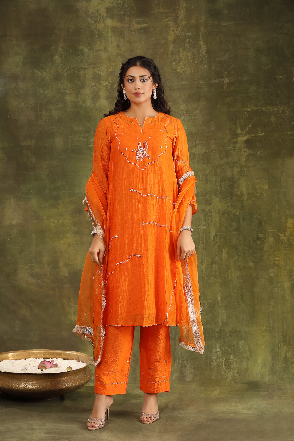 Orange Pitta Hand Embroidered Silk Chanderi Suit Set