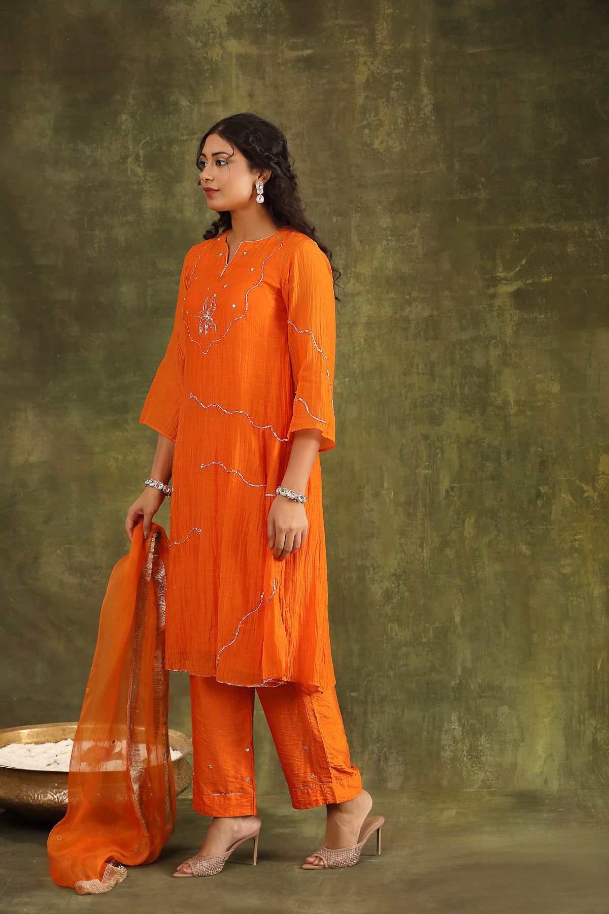 Orange Pitta Hand Embroidered Silk Chanderi Suit Set