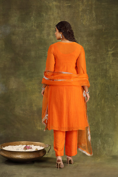 Orange Pitta Hand Embroidered Silk Chanderi Suit Set