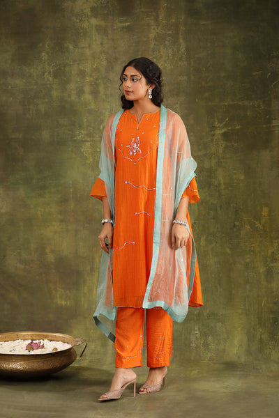 Orange Pitta Hand Embroidered Silk Chanderi Suit Set