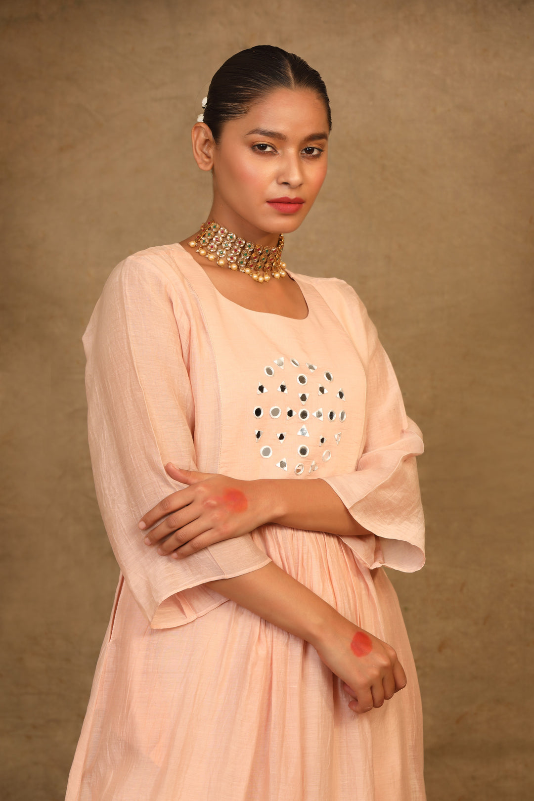 Peach Mirror work Chanderi Suit Set - Set of 3