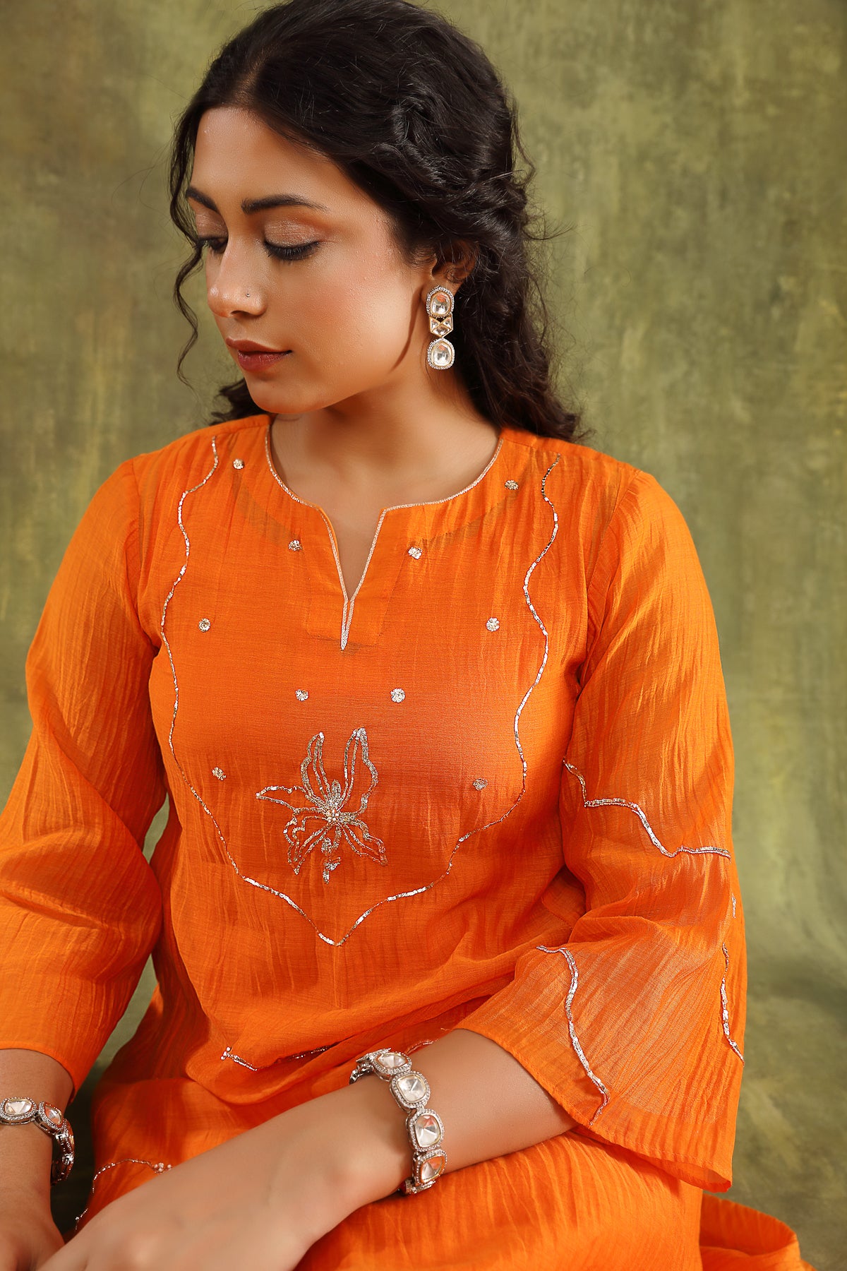 Orange Pitta Hand Embroidered Silk Chanderi Suit Set