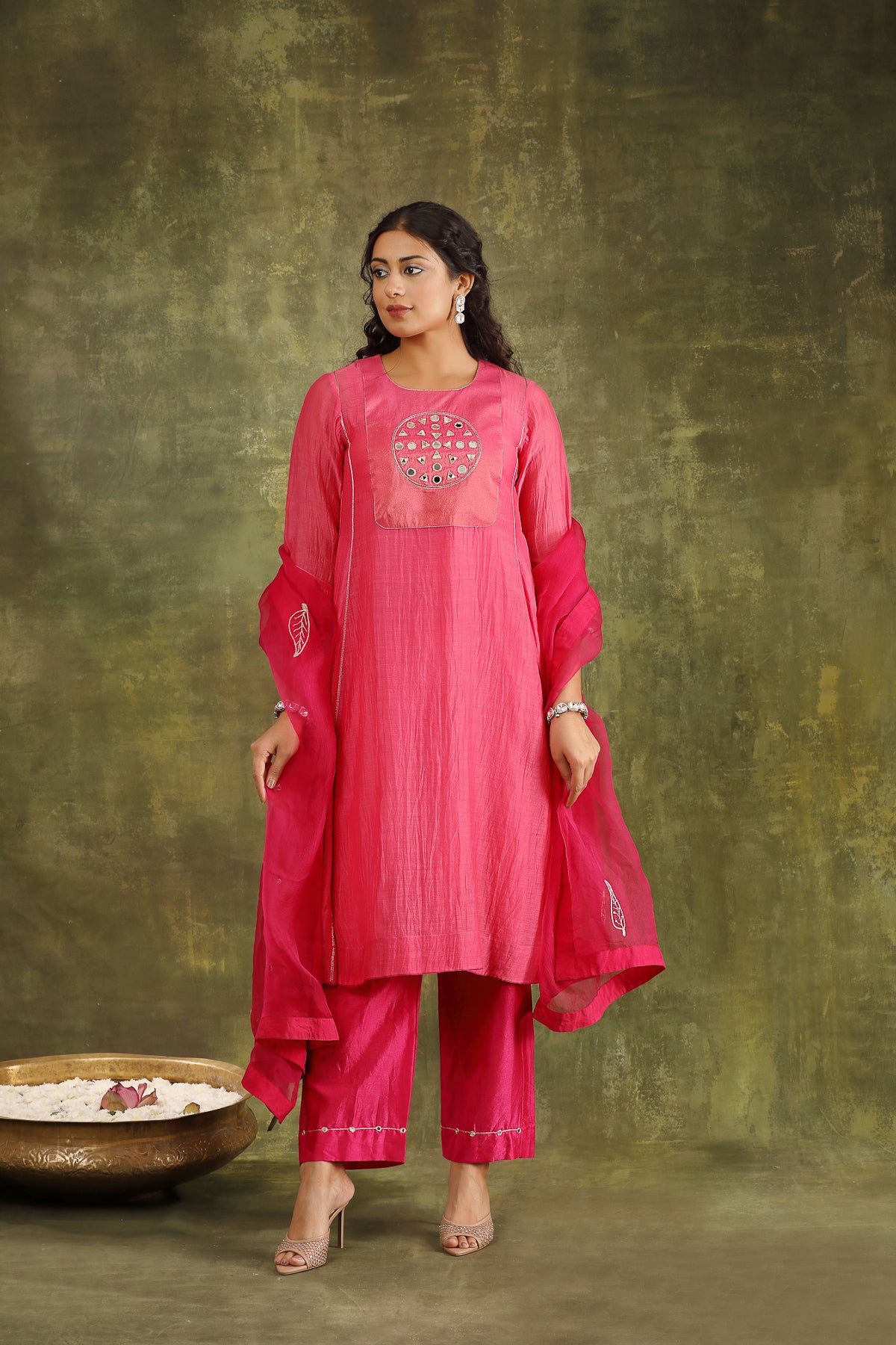 Neon Pink Mirror Work Silk Chanderi Suit Set