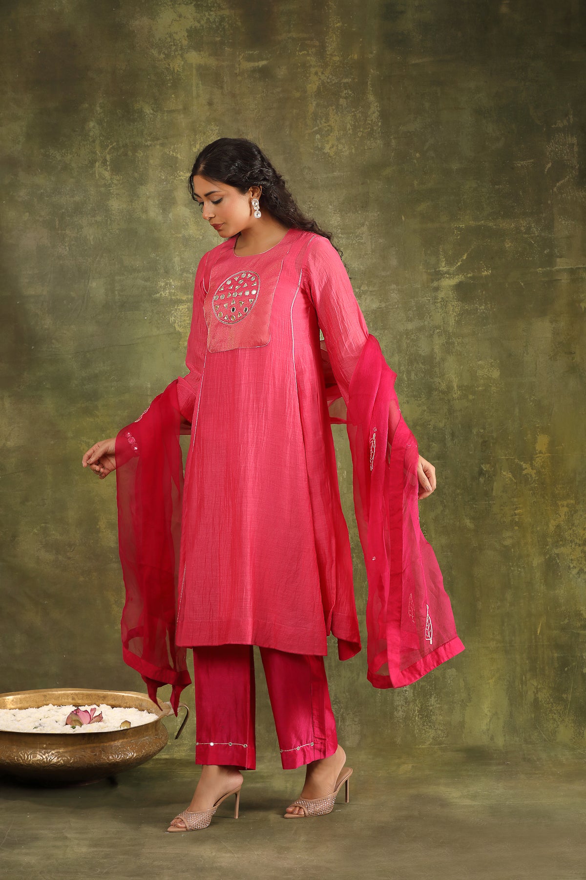 Neon Pink Mirror Work Silk Chanderi Suit Set