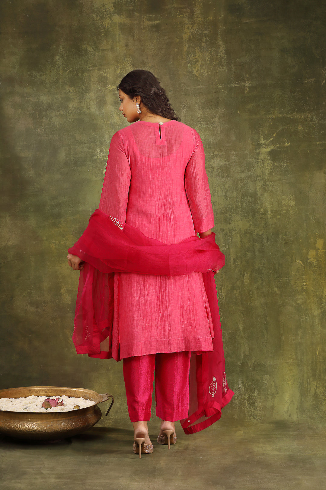Neon Pink Mirror Work Silk Chanderi Suit Set
