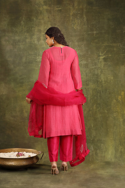 Neon Pink Mirror Work Silk Chanderi Suit Set