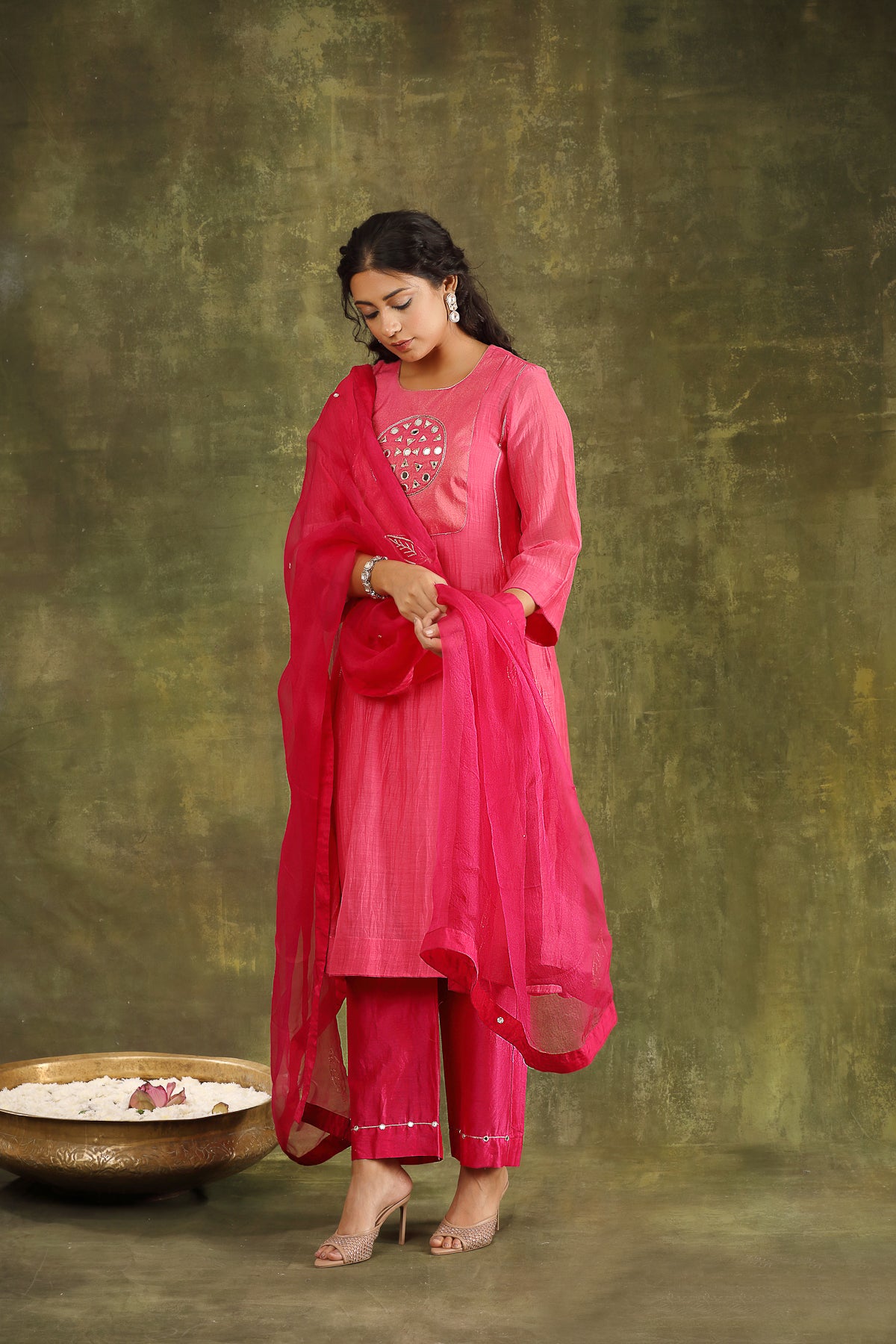 Neon Pink Mirror Work Silk Chanderi Suit Set