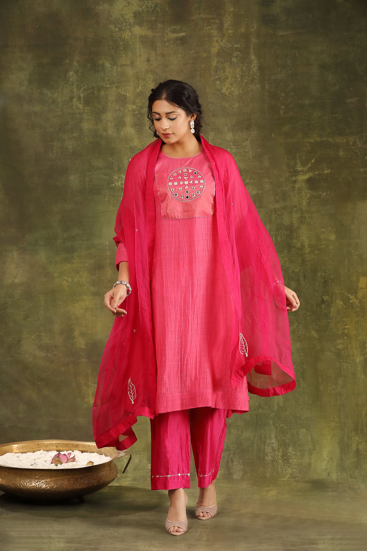 Neon Pink Mirror Work Silk Chanderi Suit Set